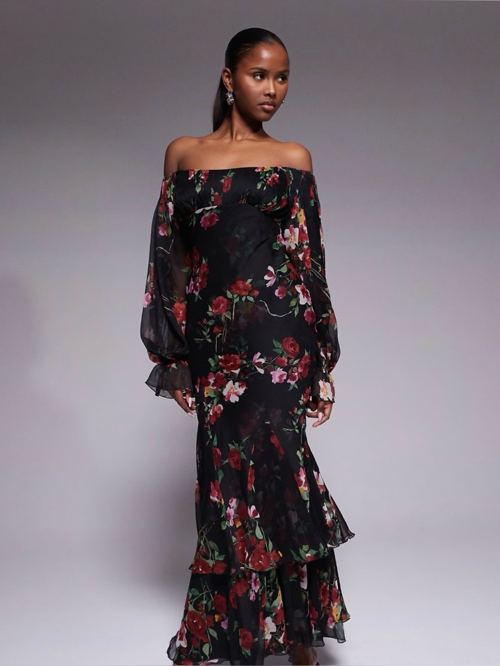 ASOS Curve Black Off-Shoulder Floral Maxi Dress - bardot ruffle maxi dress